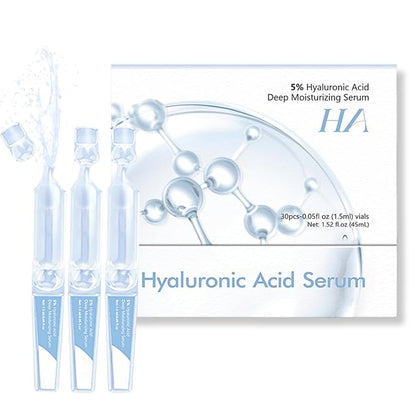 5% Hyaluronic Acid Serum Ultra-Hydrating Vials - Hyaluronic Acid Serum for Face - Face Ser um for Women Anti Aging - Single-Use Hyaluronic Ac id Tubes - Firm,Soothe,Nourish Ultra Hydrating (30pcs)