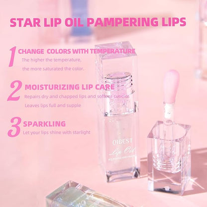 2Pcs Color Changing Lip Oil, Magic Color Changing Lip Glow Oil with Big Brush, Moisturizing and Non-sticky Lip Gloss Plumping Lip Oil (2, Pink + Magic Black)