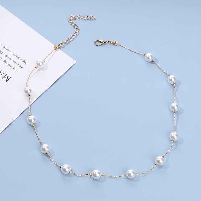 Boho Pearl Choker Necklace Floating Pearl Station Necklace