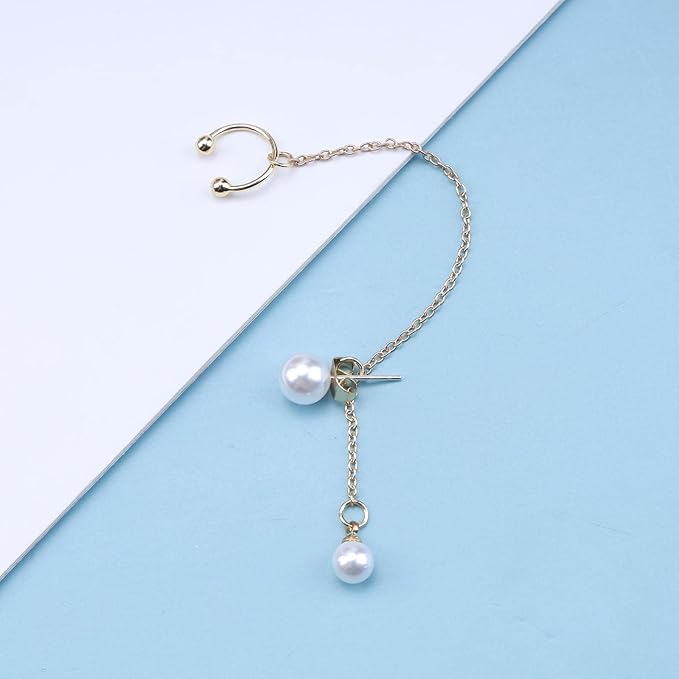 Vintage Pearl Cuff Chain Earrings Gold