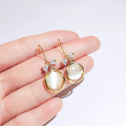Vintage Circle Drop Earring Gold Cat Eye Stone