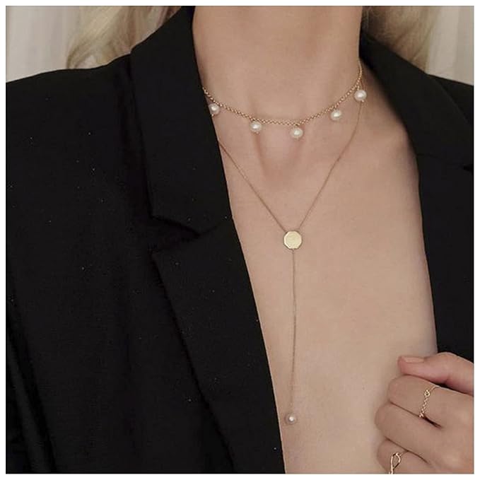 Boho Layered Disc Pearl Necklace Gold