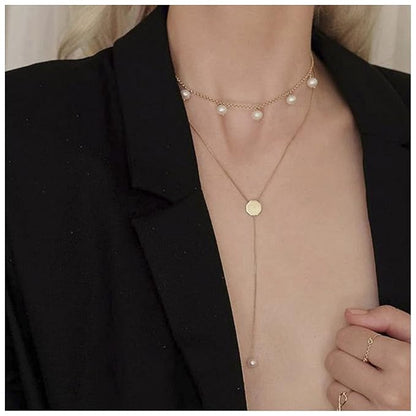 Boho Layered Disc Pearl Necklace Gold