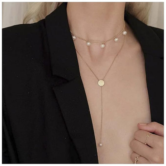 Boho Layered Disc Pearl Necklace Gold