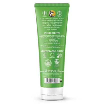 Badger Aloe Vera Gel for Sunburn Relief, Fair Trade & Organic After Sun Care, Pure Cooling Soothing Aloe Vera Gel for Face & Skin, Hypoallergenic & Unscented, 4 fl oz