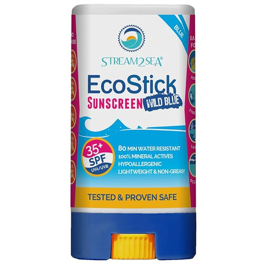 STREAM2SEA EcoStick SPF 35 Mineral Sunscreen Stick, Sweat Water Resistant Sunblock, USDA Approved Biodegradable Paraben Free Reef Safe Sunscreen Protection Against UVA UVB (EcoStick WildBlue) - 0.5 oz