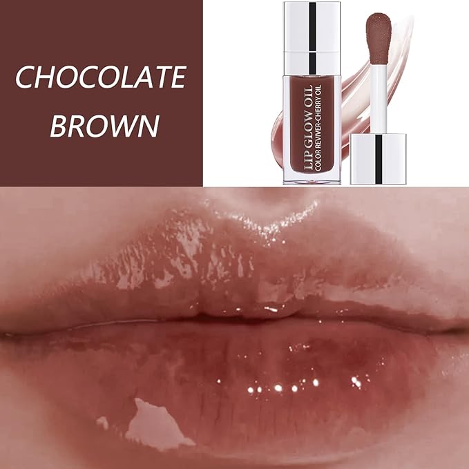 Lip Oil, Hydrating Lip Gloss Tinted Lip Balm Transparent Lip Care, Big Brush Head Glitter Shine, Long Lasting Nourishing Non-sticky Fresh Texture, Chocolate Brown