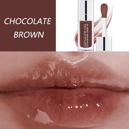 Lip Oil, Hydrating Lip Gloss Tinted Lip Balm Transparent Lip Care, Big Brush Head Glitter Shine, Long Lasting Nourishing Non-sticky Fresh Texture, Chocolate Brown