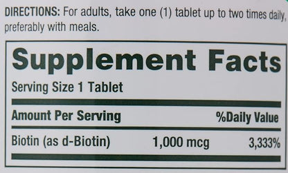 Nature's Bounty Biotin, Vitamin Supplement, Supports Metabolism for Cellular Energy and Healthy Hair, Skin, and Nails, 1000 mcg, 100 Tablets (Pack of 4)