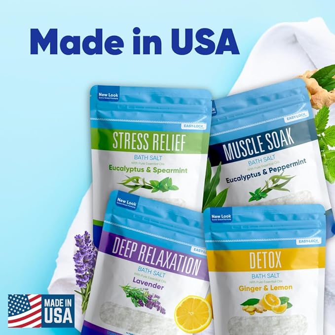 Bath Salts Sampler (4-Pack of 2-lbs) Variety Bath Soaks with Bamboo Scoop