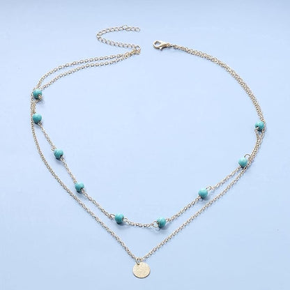Boho Layered Coin Turquoise Necklace Gold