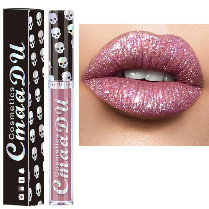 AKARY Shimmer Liquid Lipstick Long Lasting, Skull Diamond Metallic Shiny Glitter Glossy Shimmery Finish Waterproof Lip Gloss for Women, High Pigmented Nonstick Cup Lipstick Makeup for Lips, 08