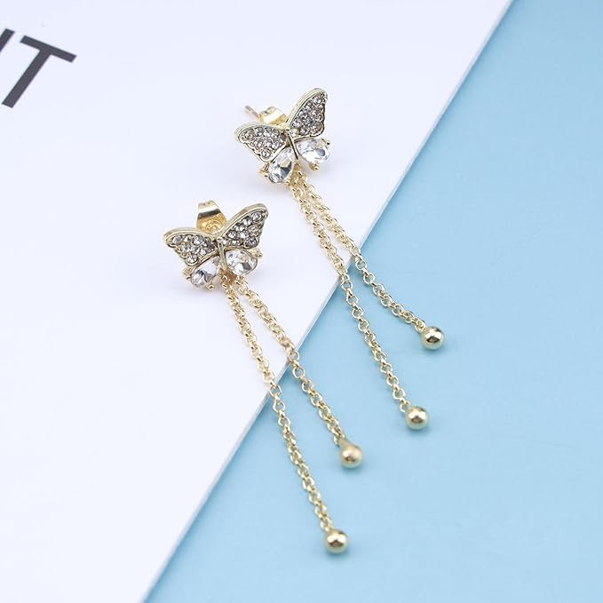 Vintage Crystal Butterfly Stud Earrings Gold Long Chain