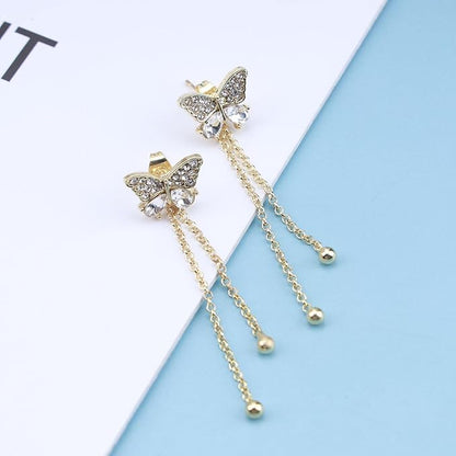 Vintage Crystal Butterfly Stud Earrings Gold Long Chain