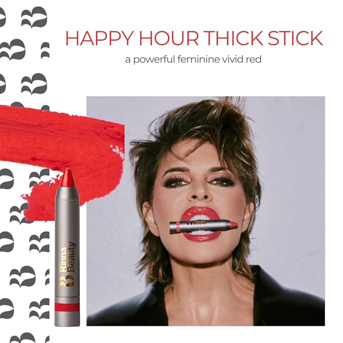 Rinna Beauty Thick Stick Lip Crayon - Happy Hour - Long Lasting Lipstick, Moisturizing Creamy Formula with Hydrating Oils & Extracts, Built-In Sharpener, Vegan, Cruelty Free, Sulfate Free, 1 ea