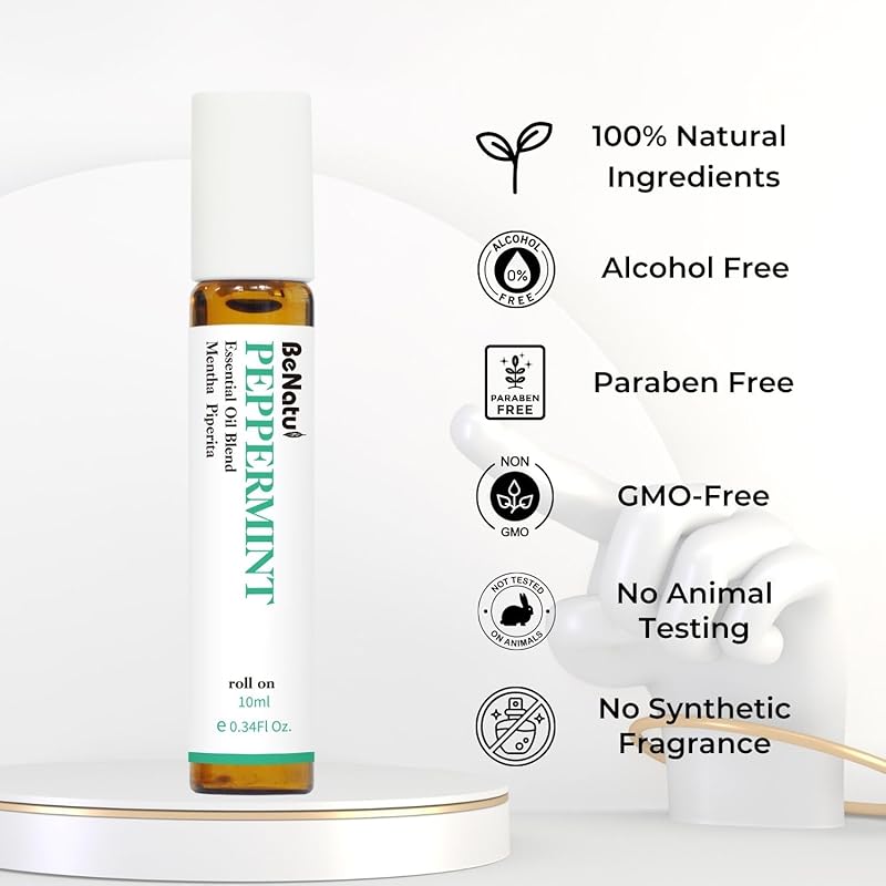 Benatu Peppermint Oil Roll On, Pre-Diluted Natural Essential Oil Blend Roller Travel Size for Skin Care, Aromatherapy, Hair, Body Topical Massage - Head Refresh 10ml