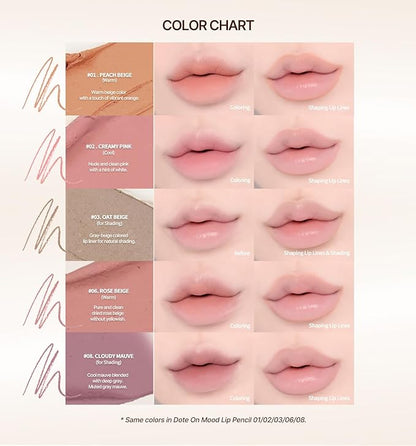 Heart Percent Dote On Mood Lip Pencil Slim, Defines and Fills Creamy Lip Liner Retractable Lipstick Pencil with Built-In Sharpener, #02. Creamy Pink