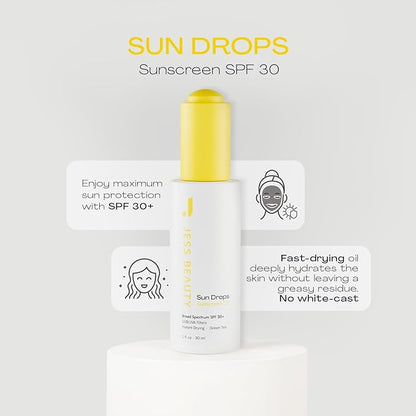 JESS BEAUTY | Face Sunscreen Sun Drops SPF 30 Skin Care Oil with Camellia Sinensis & Squalane | Skincare Fast Drying 1 fl. oz