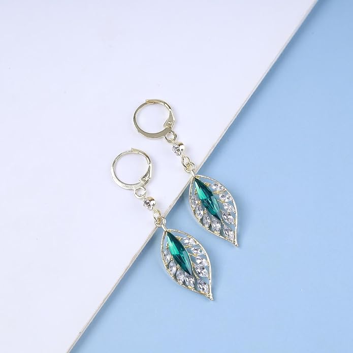 Vintage Emerald Leaf Earrings Rhinestone Leaf