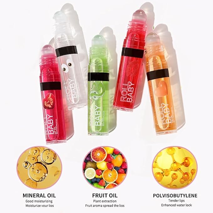 BINGBRUSH Roller Lip Glaze Mirror Lip Gloss, Plumping Magic Mood Lipstick Lip Glaze, High-Shine Clear Lip Stain Lip Balm Lip Care, Longlasting Moisturizing Lip Glow Oil (5Pcs 01#-05#)