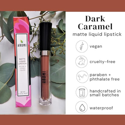 Aromi Matte Liquid Lipstick | Brown Nutmeg Lip Color, Long Wear, Transfer Proof, Paraben, Phthalate, + Gluten Free, Waterproof, Vegan (Dark Caramel)