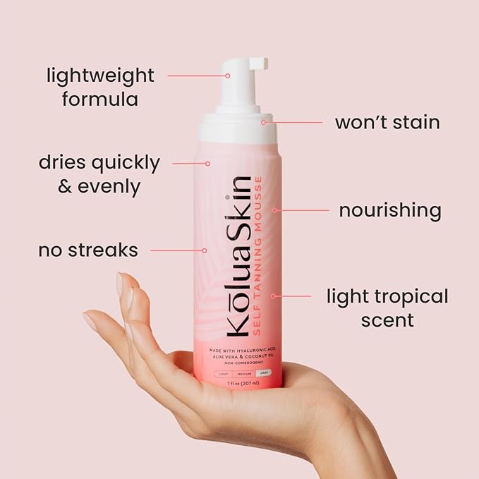 KoluaSkin by KoluaWax Self Tanner Mousse, Dark - Natural-Looking Sunless Body Fake Tan - Dries Quick w/No Streaks, Hydrates Skin - Light Tropical Scent & Dermatologist-tested for Sensitive Skin, 7oz