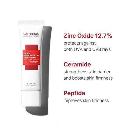 Cell Fusion C Laser Sunscreen SPF 50, Hypoallergenic Sunscreen with Zinc Oxide, Improve Aging Signs of Sun Damage with Collagen & Antioxidants, Lightweight & Water Resistant, 1.69 fl. oz