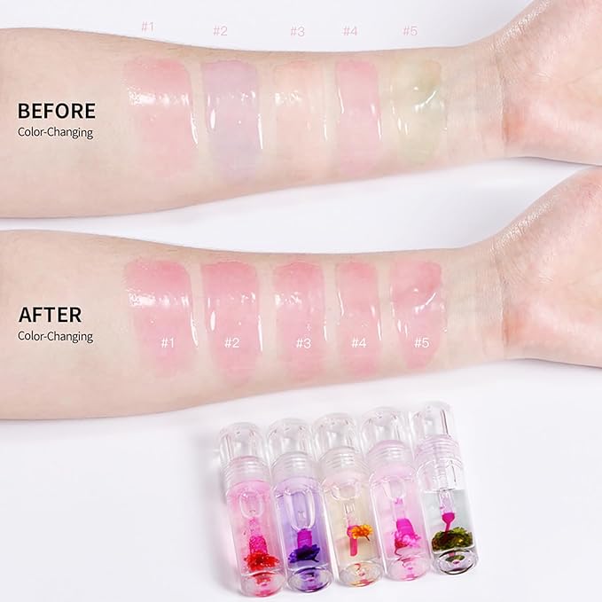 Color Change Plumping Lip Oil Set, Infuse Flowers Clear Lip Gloss for Lip Care, Natural Plant Hydrating Lip Glow Oil Toot Lip Oil, Nourishing, Non-sticky
