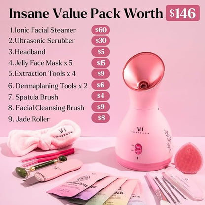Facial Steamer Spa Kit with Complimentary 17 Skin Care Tools | Face Steamer for Facial Deep Cleaning with Towel Warmer & Humidifier Mode| Self Care Gifts for Women, Spa Gifts, Birthday Gifts for Women