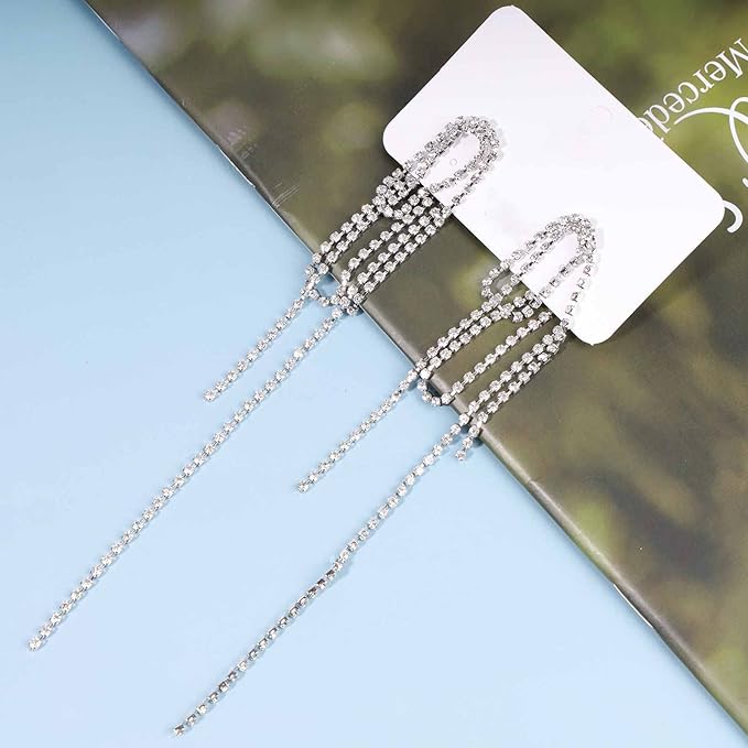 Rhinestone Tassel Ear Jacket Earrings Long Rhinestone Chain