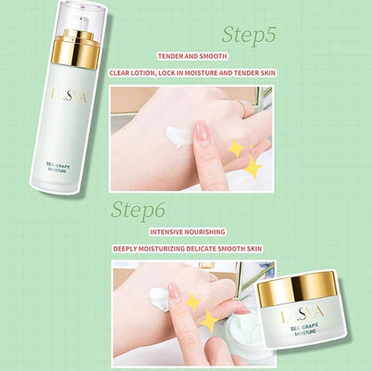 Sea Grape Skincare Set, 6-In-1 Skincare Gift Set With Facial Cleanser, Toner, Serum, Eye Cream, Lotion & Cream, Moisturizing Skin Care Kit For Women