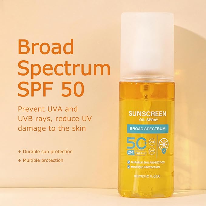 KYDA 2 Bottles Oil Sunscreen Spray, Glow Oil Sunscreen Mist SPF 50, Lightweight Hydration Body Sunscreen Oil, Refreshing Sunscreen Spray, Broad Spectrum UVA/UVB Protection