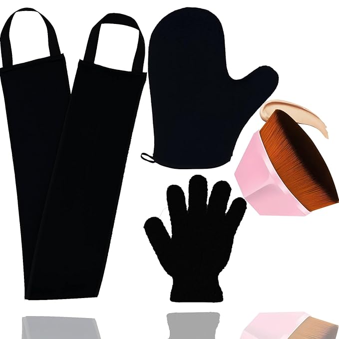 4Pack Self Tanning Mitt Applicator Set, 1 Self Tanning Mitt, 1 Self Tanner Lotion Back Applicator, 1 Self Face Tanner Brush, 1 Exfoliating Glove, Sunless Self Tan Kit