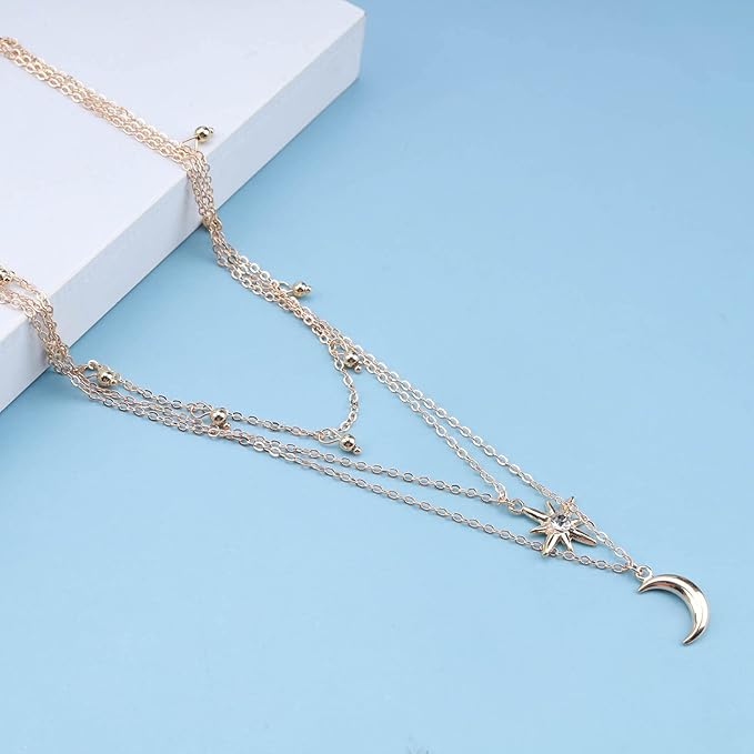 Bohemia Layered Star Choker Necklace Crescent Moon Pendant