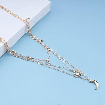 Bohemia Layered Star Choker Necklace Crescent Moon Pendant