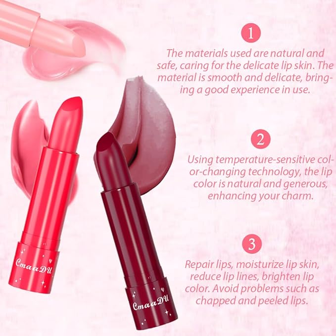 evpct 3Pcs Peach Black Red Cherry Strawberry Tinted Lip Balms PH Lip Color Changing Lipstick Stain Set Queen for Women Girls Korean Mood Long Lasting Color Change Light Pink Lipstick Lip Tint Gloss