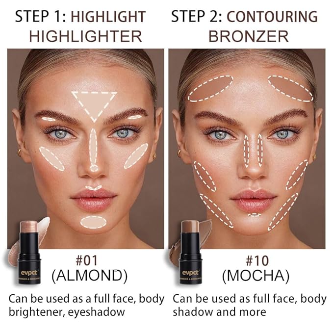 Kaely 2Pcs Cream Contour Highlighter Stick Kit,Bronzer Cheek Stick Waterproof,01+10