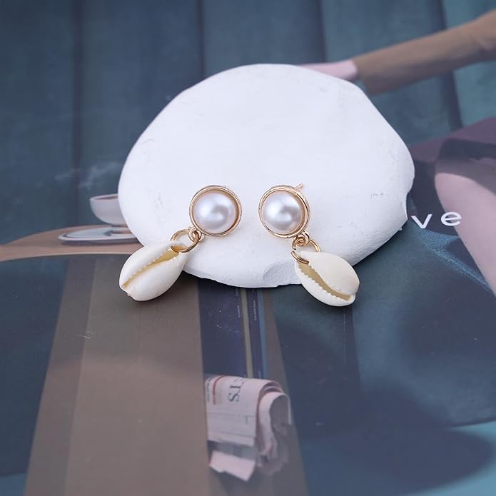 Vintage Pearl Shell Drop Earrings Gold