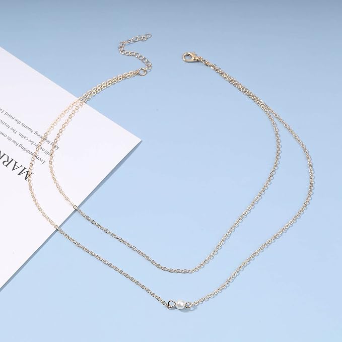 Boho Layered Pearl Choker Necklace Gold Pearl Pendant