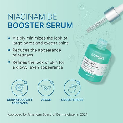 goPure 10% Niacinamide Serum Booster - Redness Reducing Skin Care, Reduces the Look of Skin Discoloration and Large Pores in Soothing Formula with Natural Extracts to Even Skin Tone - 1 fl oz