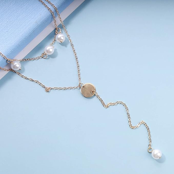 Boho Layered Disc Pearl Necklace Gold