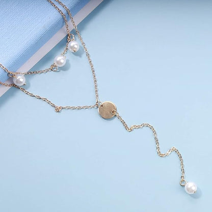 Boho Layered Disc Pearl Necklace Gold