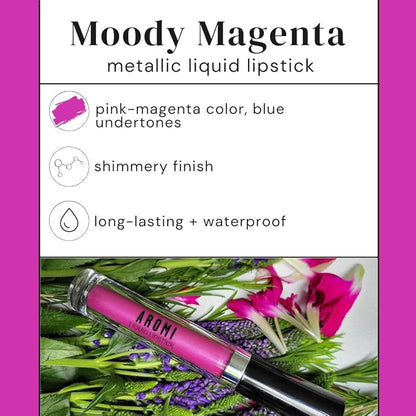 Aromi Metallic Liquid Lipstick | Long-Lasting, Waterproof, Lip Color with Shimmery Finish, Vegan, Cruelty-free, Gluten and Paraben Free, Made in USA, Handmade (Moody Magenta)