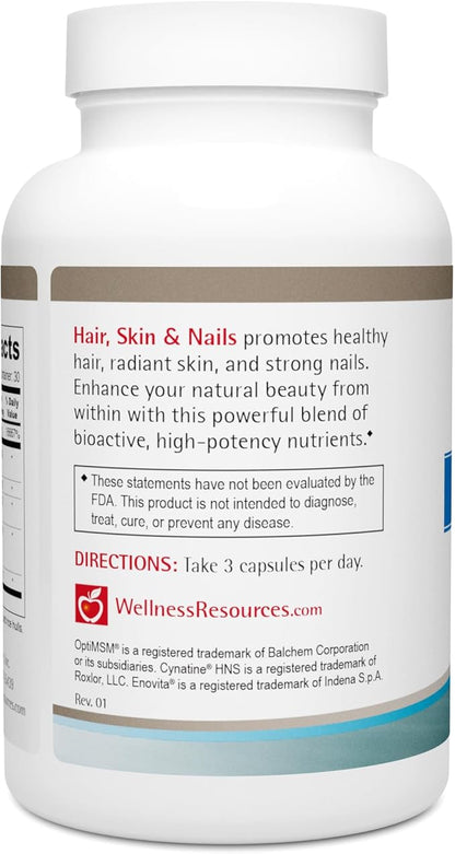 Wellness Resources Hair, Skin & Nails with Biotin, Cynatine HNS Keratin, OptiMSM, Bamboo & Grape Seed Extract – Supplement for Stronger Nails, Healthier Hair & Youthful Skin (90 Capsules)