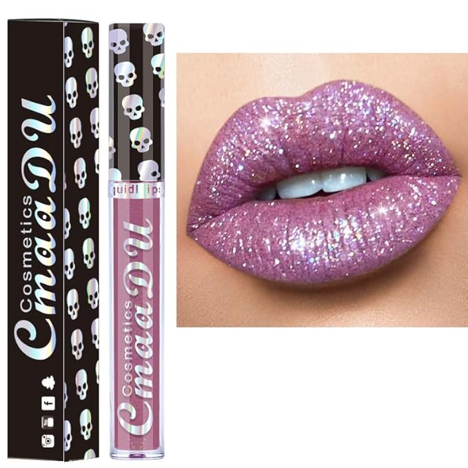 AKARY Shimmer Liquid Lipstick Long Lasting, Skull Diamond Metallic Shiny Glitter Glossy Shimmery Finish Waterproof Lip Gloss for Women, High Pigmented Nonstick Cup Lipstick Makeup for Lips, 07
