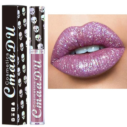 AKARY Shimmer Liquid Lipstick Long Lasting, Skull Diamond Metallic Shiny Glitter Glossy Shimmery Finish Waterproof Lip Gloss for Women, High Pigmented Nonstick Cup Lipstick Makeup for Lips, 07