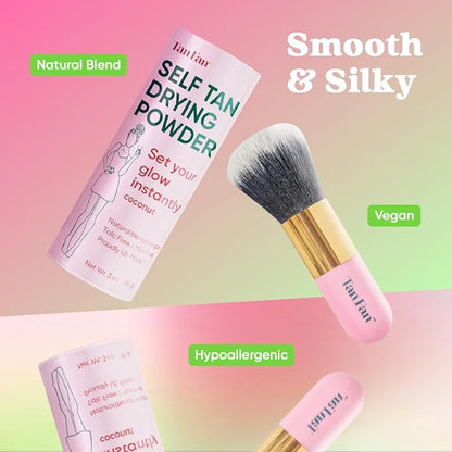 Self Tan Drying Powder Kit - Stops Sticky Feeling - Sets Sunless Tanner - 100% Vegan Talc-Free Translucent Natural Blend Setting w Brush + Pouch For Smooth Silky Skin - USA Made (Coconut 3oz)