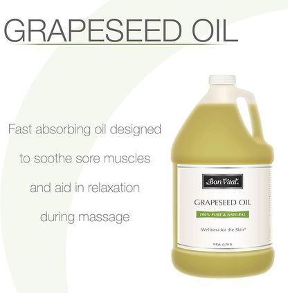 Bon Vital' Grapeseed Oil, 100% Pure Skin Toner and Massage Oil, For Hair Care, Aromatherapy, and Massage, Helps Reduce Wrinkles and Prevents Premature Aging, Skin Moisturizer, 1 Gal, Label may Vary