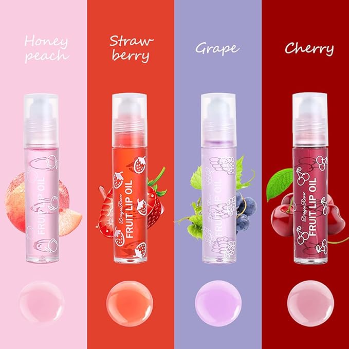 4 Pcs Fruit Roll-on Lip Gloss Set, Clear Lip Gloss Crystal Jelly Liquid Lipstick, Plumping Lip Oil Moisturizing Hydrating Non-Sticky, Nice Gift for Women Girl
