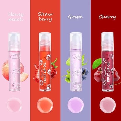 4 Pcs Fruit Roll-on Lip Gloss Set, Clear Lip Gloss Crystal Jelly Liquid Lipstick, Plumping Lip Oil Moisturizing Hydrating Non-Sticky, Nice Gift for Women Girl